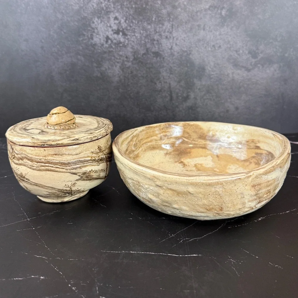Vintage Handmade‎ Stoneware 2 Piece Bowl Set Rustic Heavy Signed Studio Pottery